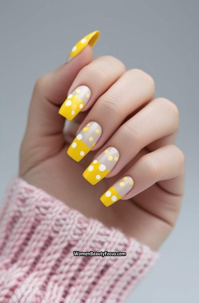 3. Yellow French Tips with Polka Dots
