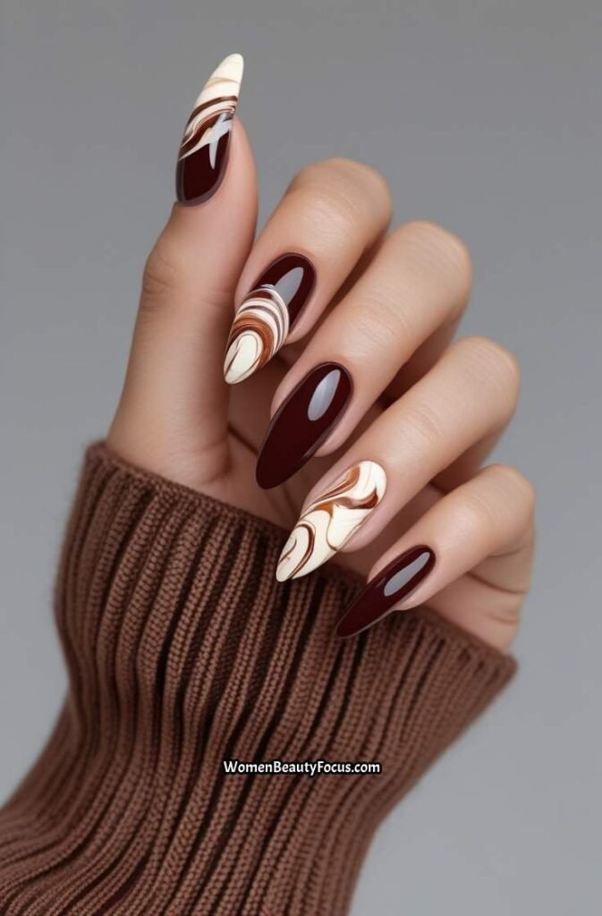 4. Cherry Brown and Cream Marble Nails