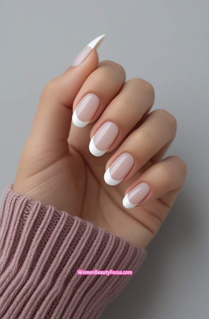 4. Classic French Nails with a Rounded Shape