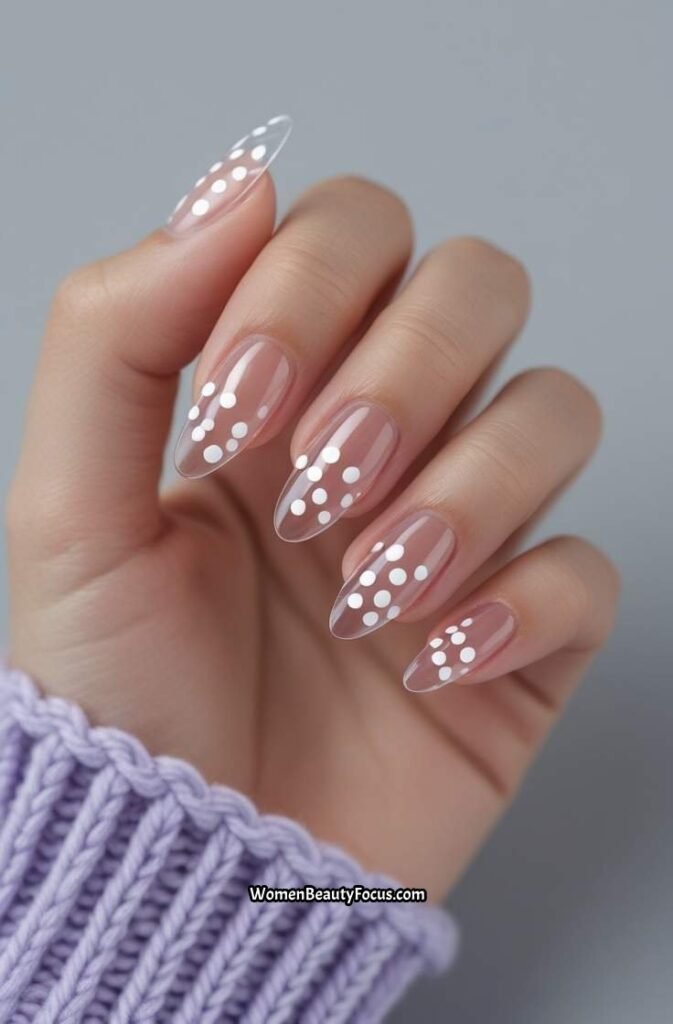 4. Clear Nails with White Dots for a Playful Look