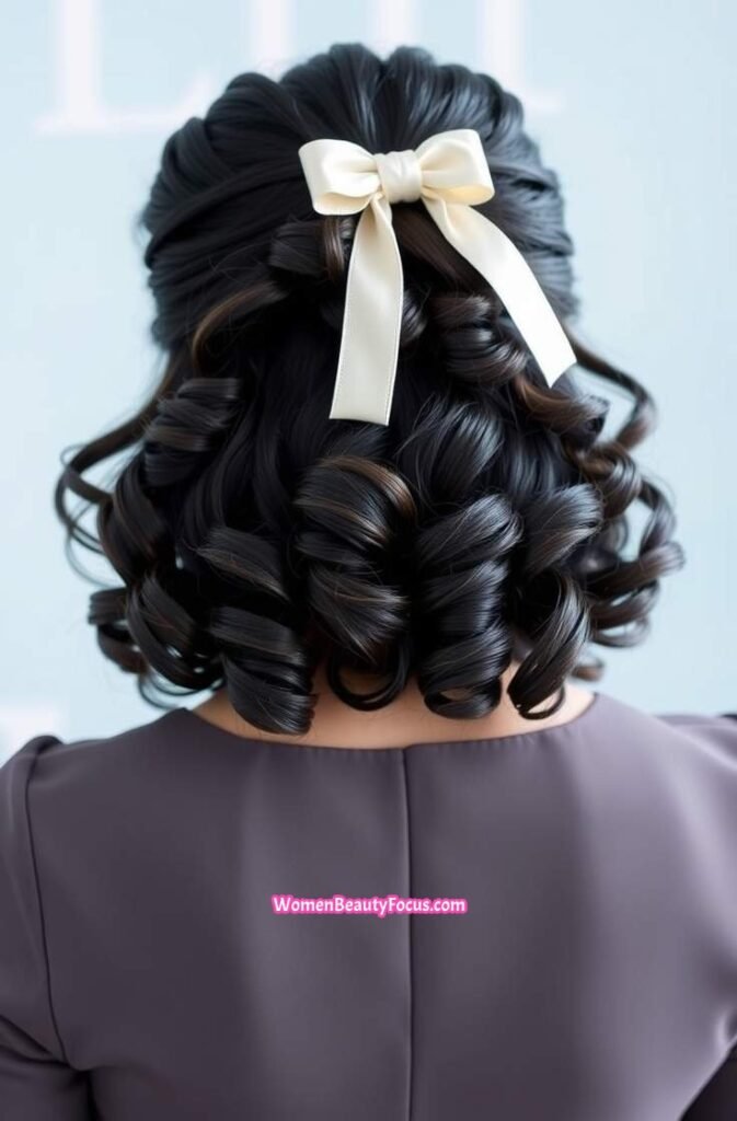 4. Curly Half Updo with Bow Accent Back View