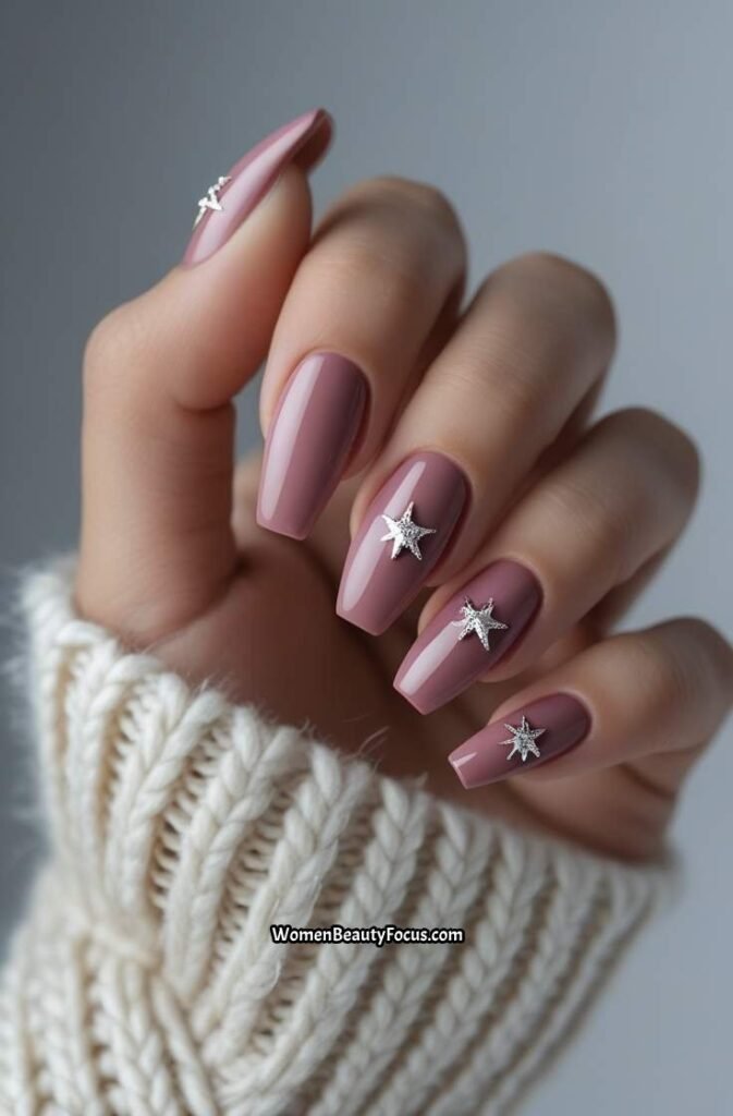4. Dusty Rose Coffin Nails with Silver Stars