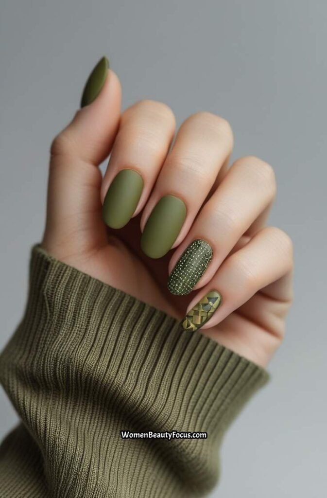 4. Earthy Olive Green with Textured Accent Nails