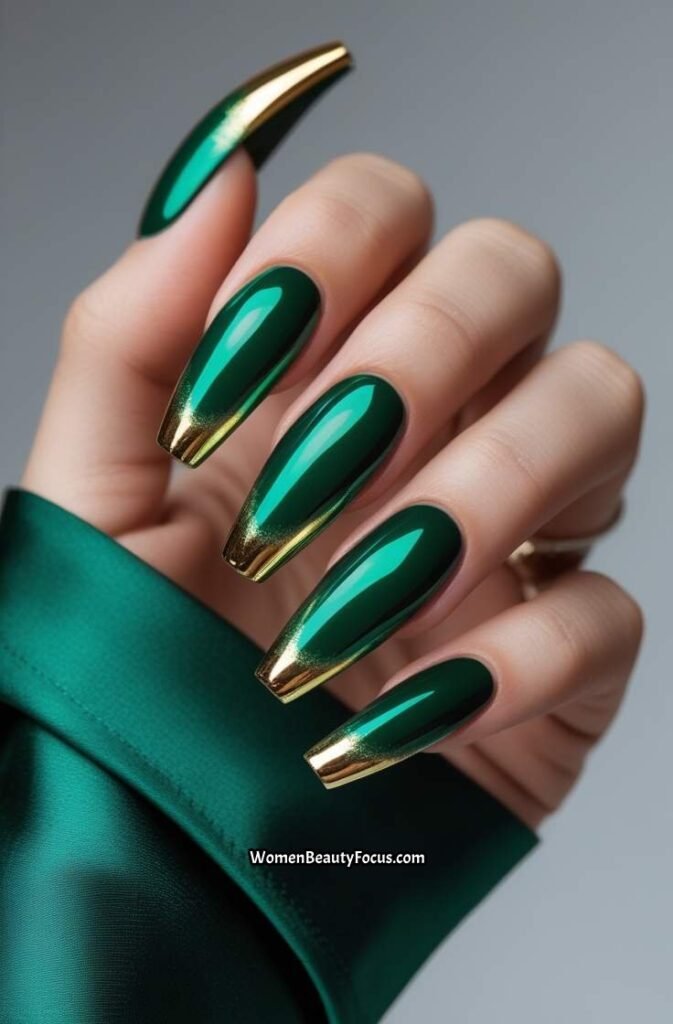 4. Emerald Green Nails with Gold Chrome Tips