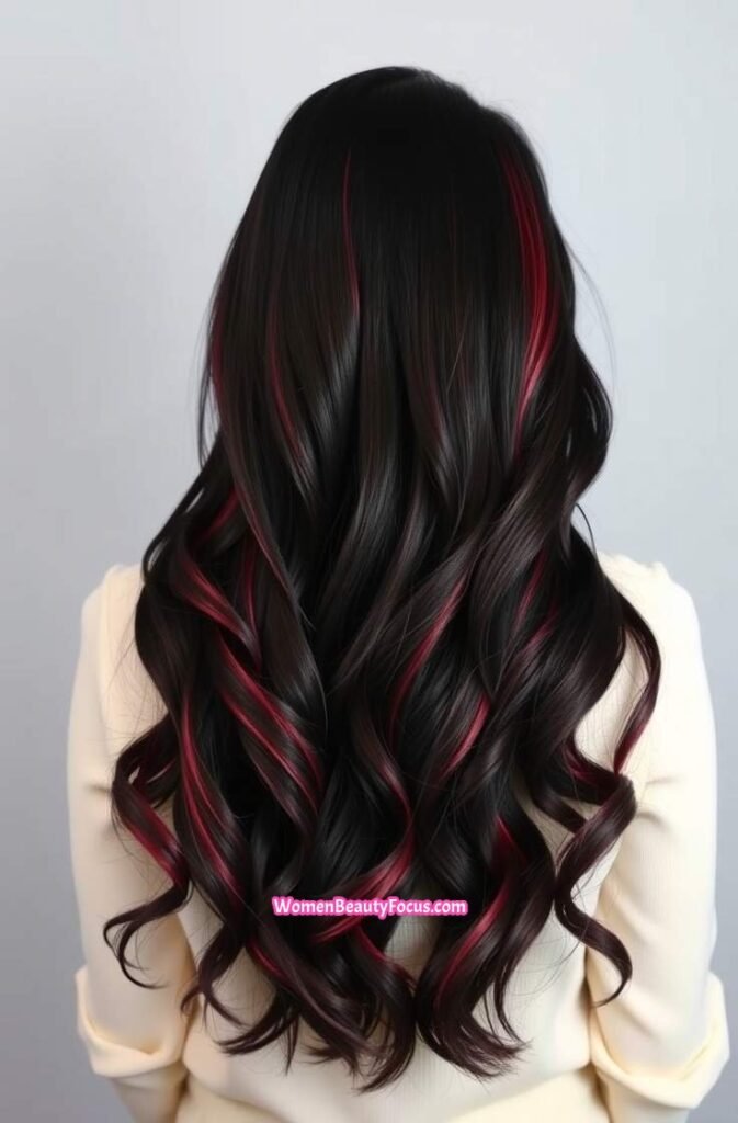 4. Fiery Red Highlights in Long Black Waves Back View