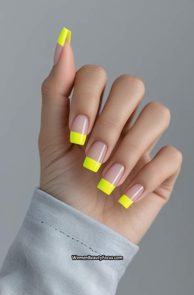 4. French Tip Square Nails with a Neon Twist