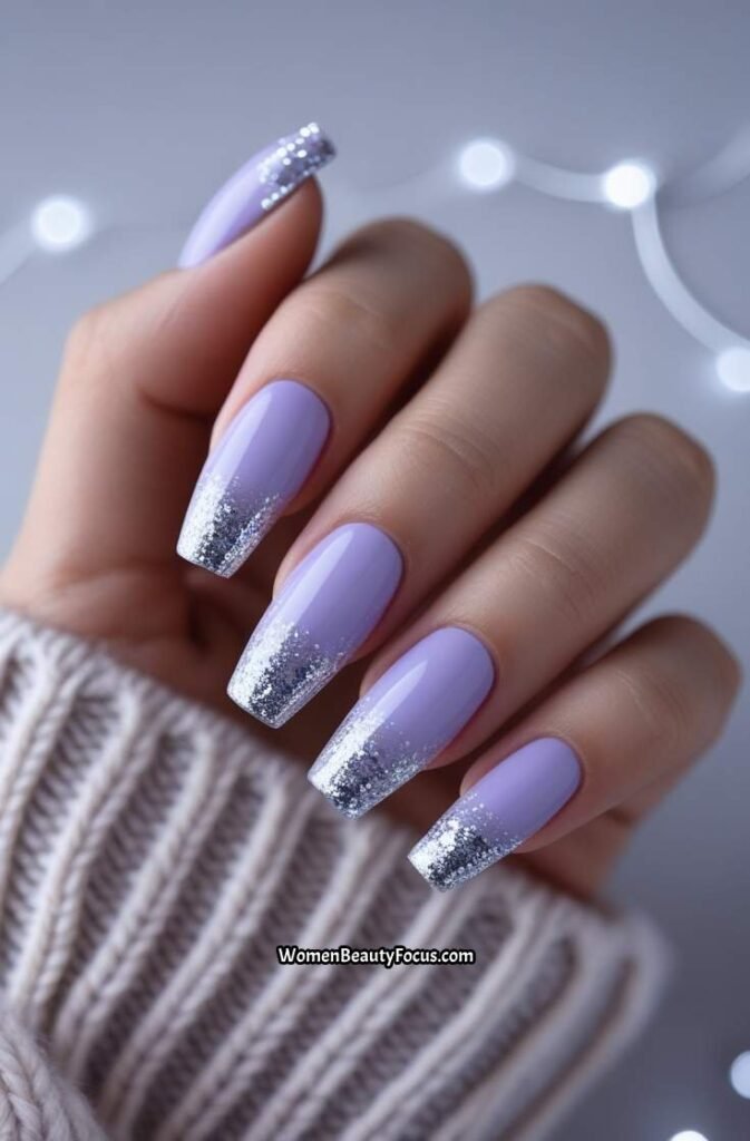 4. Glossy Lilac Nails with Silver Glitter T
