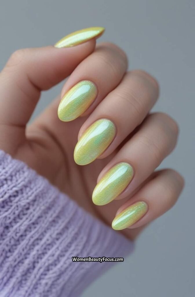 4. Holographic Yellow Chrome Oval Nails