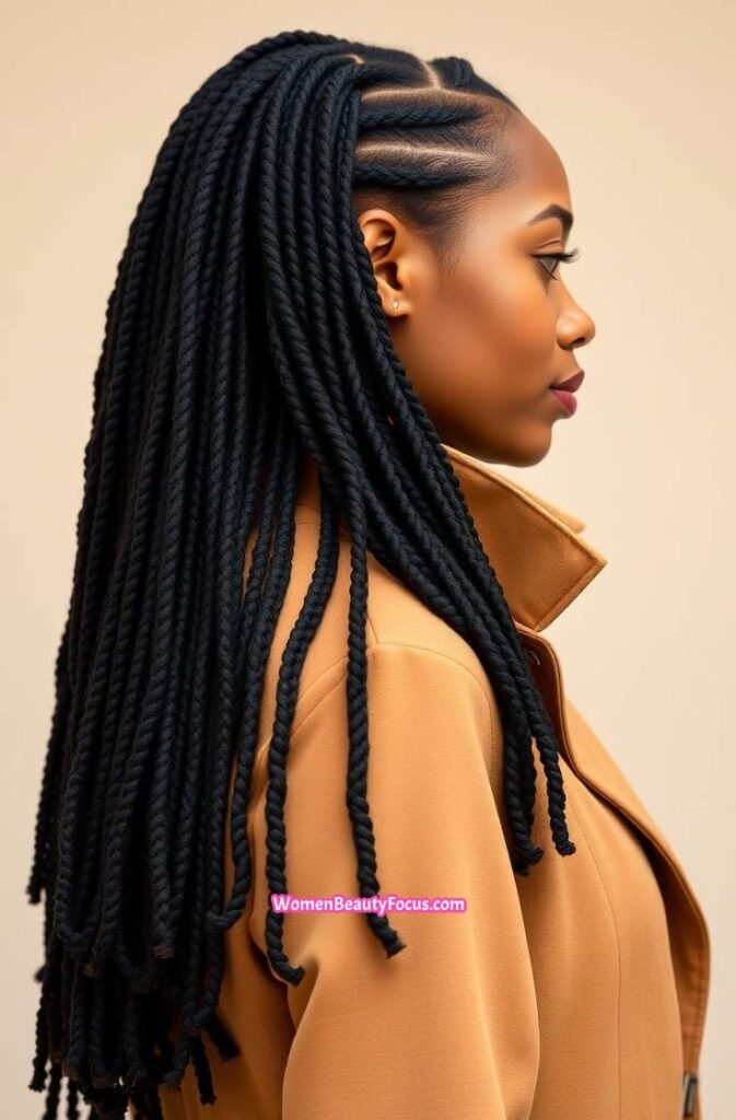 4. Long Thick Locs with Subtle Layers Side View
