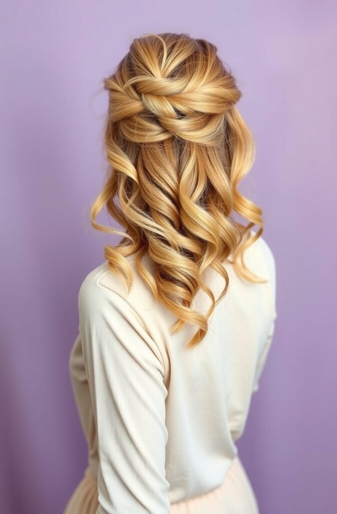4. Loose Boho Waves with a Twisted Half Up Style Back View