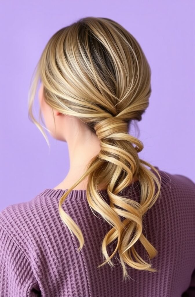 4. Low Messy Ponytail with Waves Back View