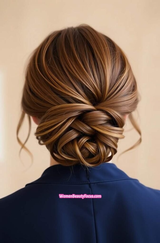 4. Low Twisted Bun with Curled Ends Back View