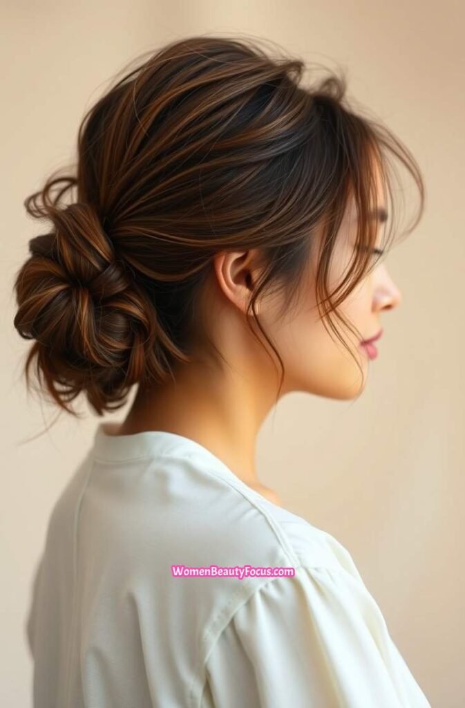 4. Messy Bun with Soft Strands Framing the Face Side View