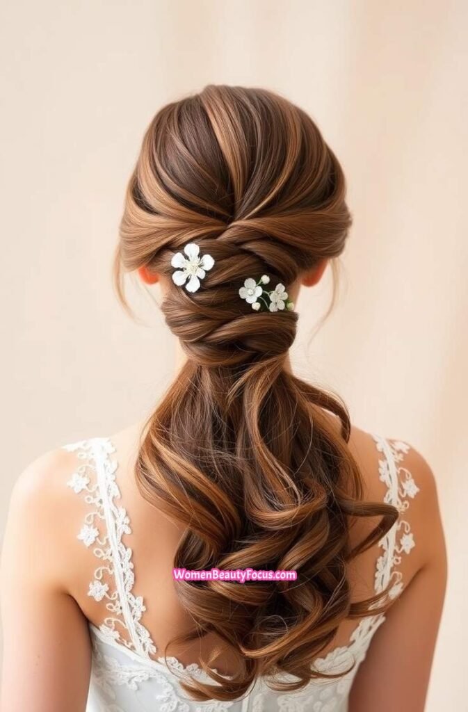 4. Romantic Twisted Ponytail with Floral Accessories Back View
