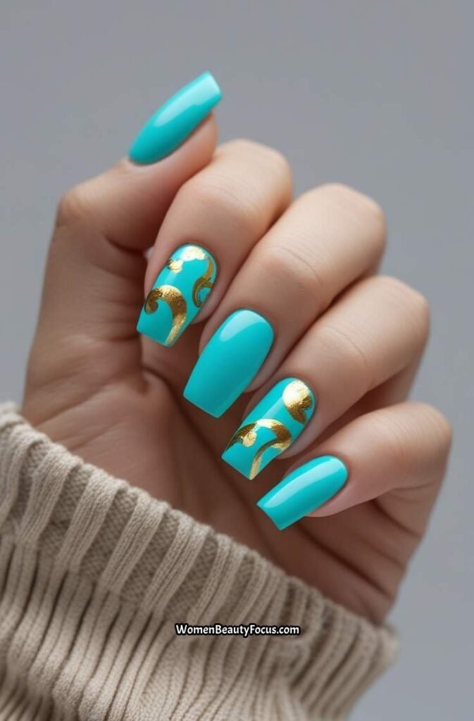 4. Turquoise and Gold Foil Swirl Nails