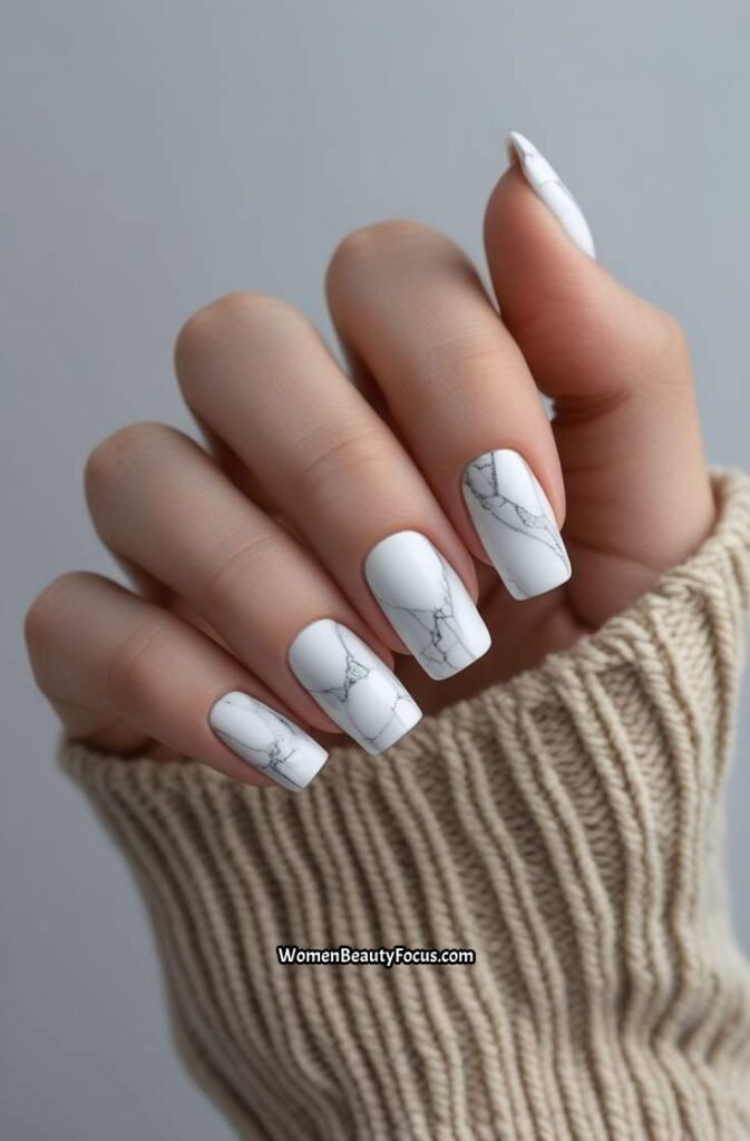 4. White Marble Square Nails