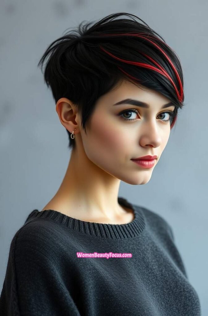 5. Black Pixie Cut with Subtle Red Streaks FrontStraight View