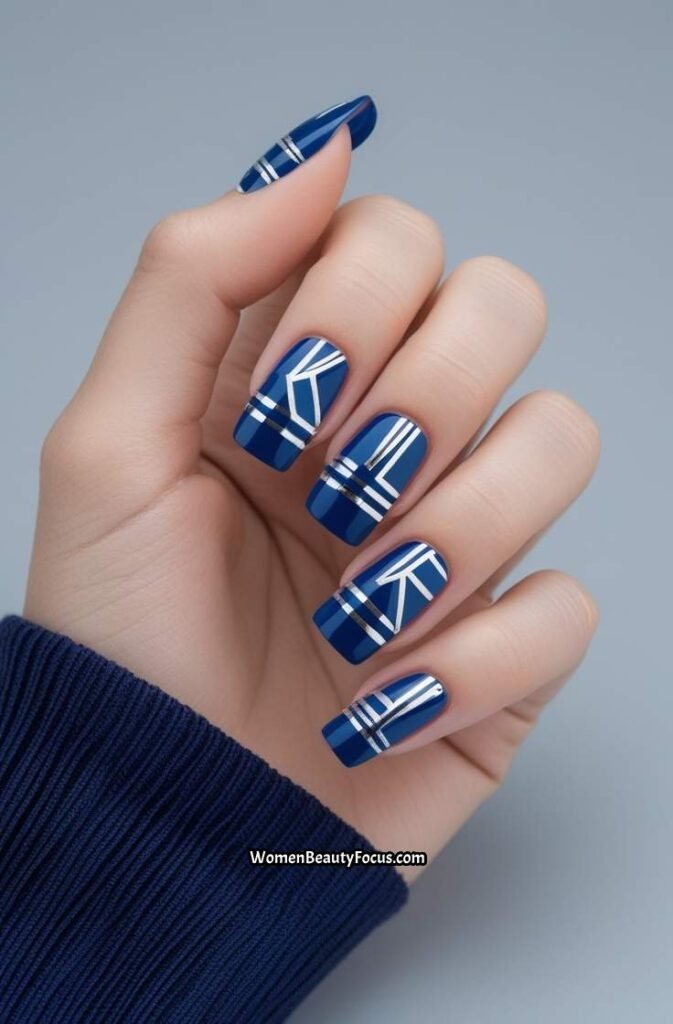 5. Blue and Silver Geometric Nail Art