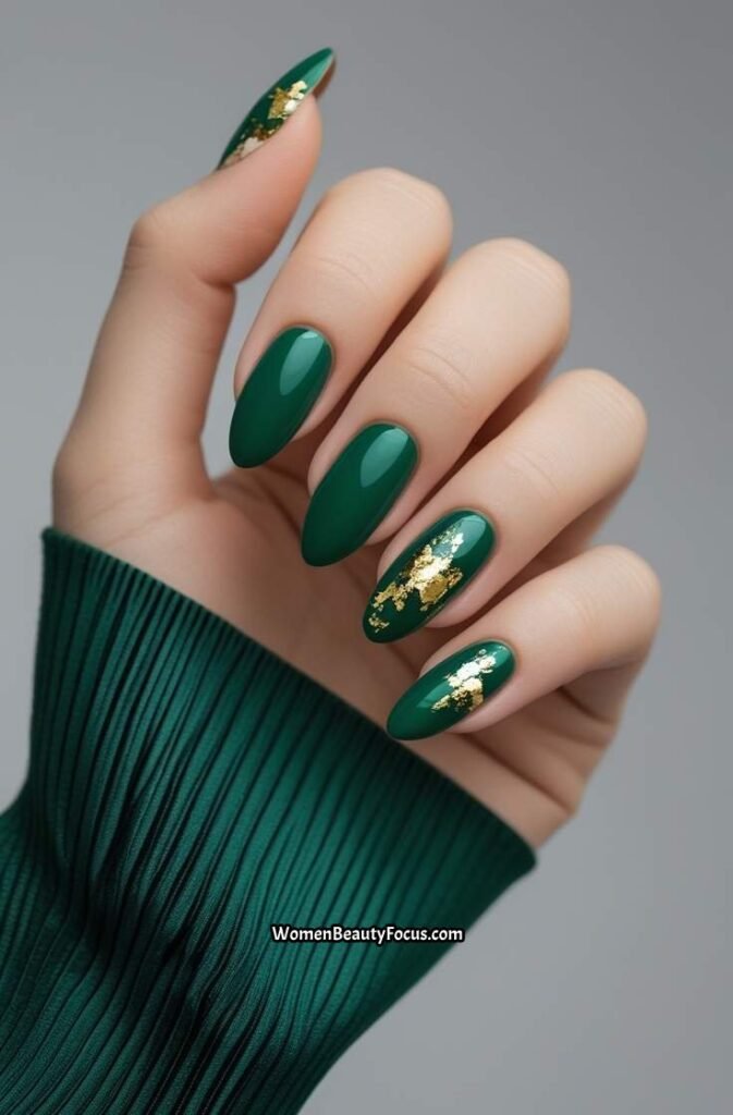 5. Emerald Green Gel Nails with Gold Accents