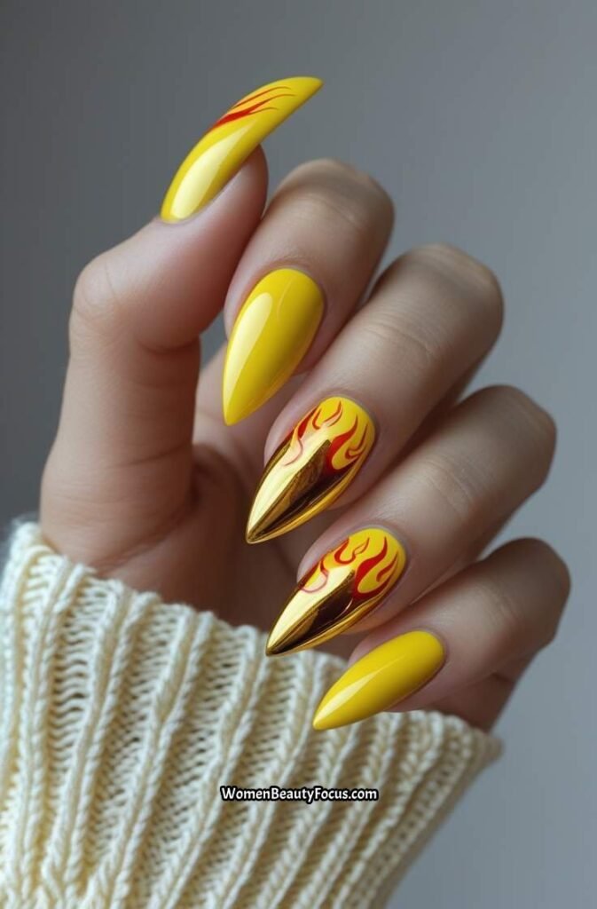 5. Lemon Chrome Nails with Flame Design