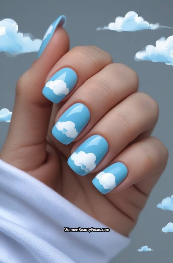 5. Light Blue and White Cloud Nails