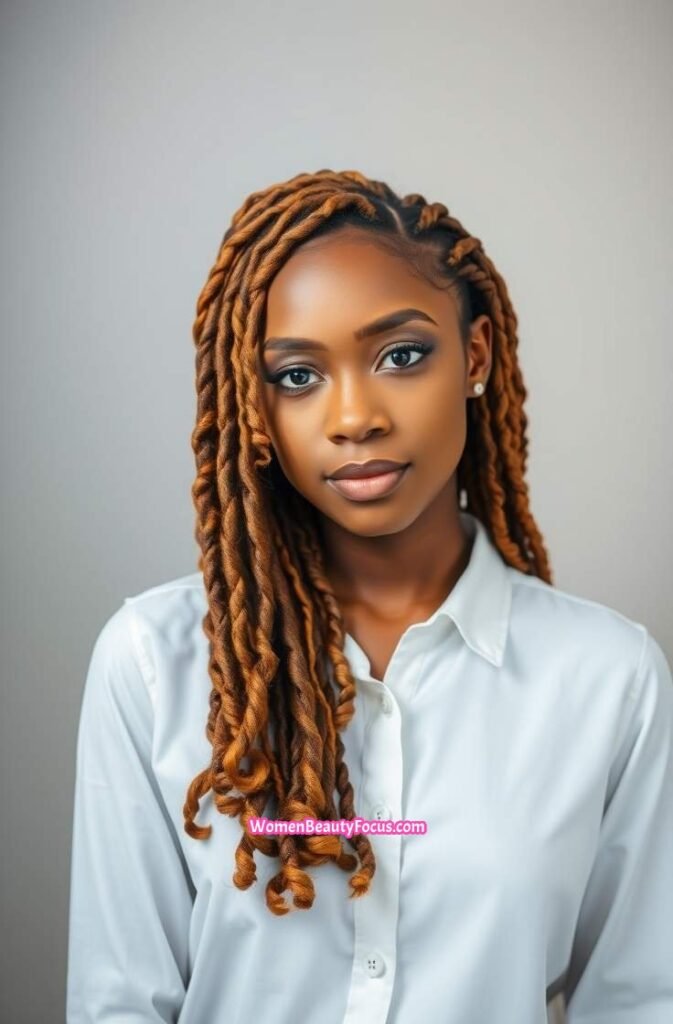 5. Locs with Curly Tips and Side Bangs FrontStraight View