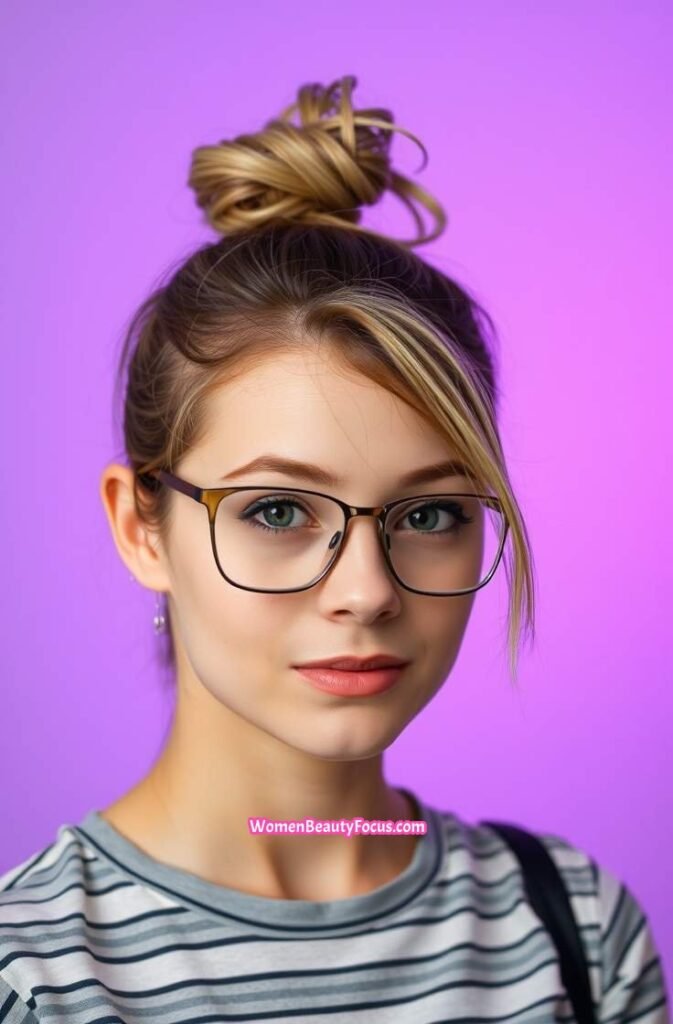 5. Messy Top Knot with Side Swept Bangs