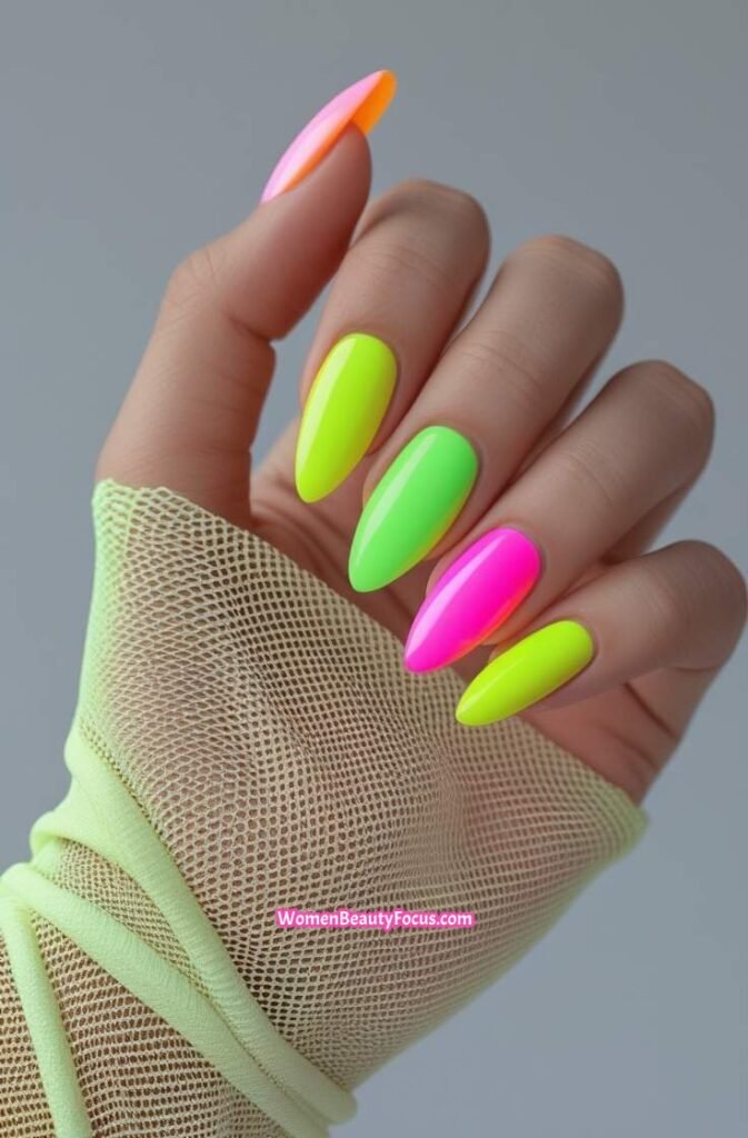 5. Neon French Tips on Almond Nails