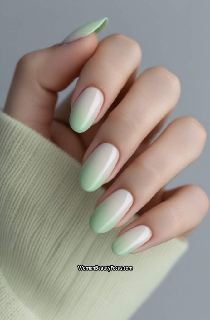 5. Pale Green Ombre Nails with Gl