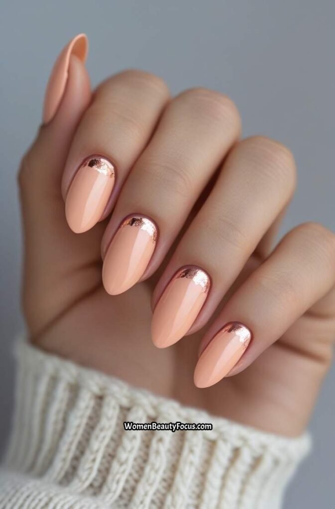5. Peach Almond Nails with Rose Gold Foil