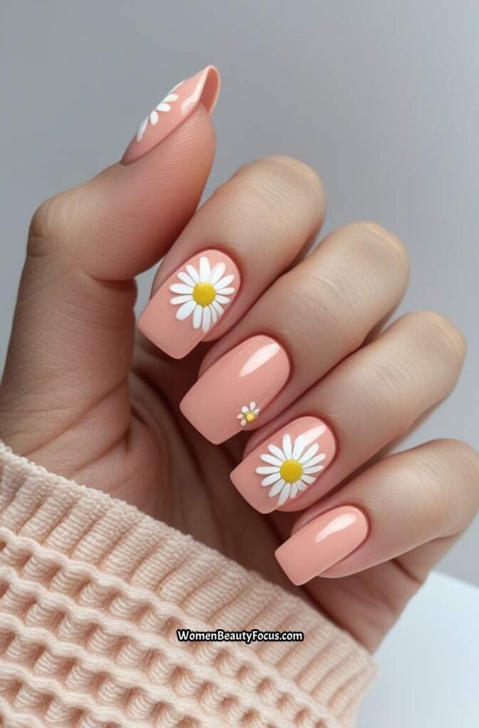 5. Peachy Pink Square Nails with White Daisies
