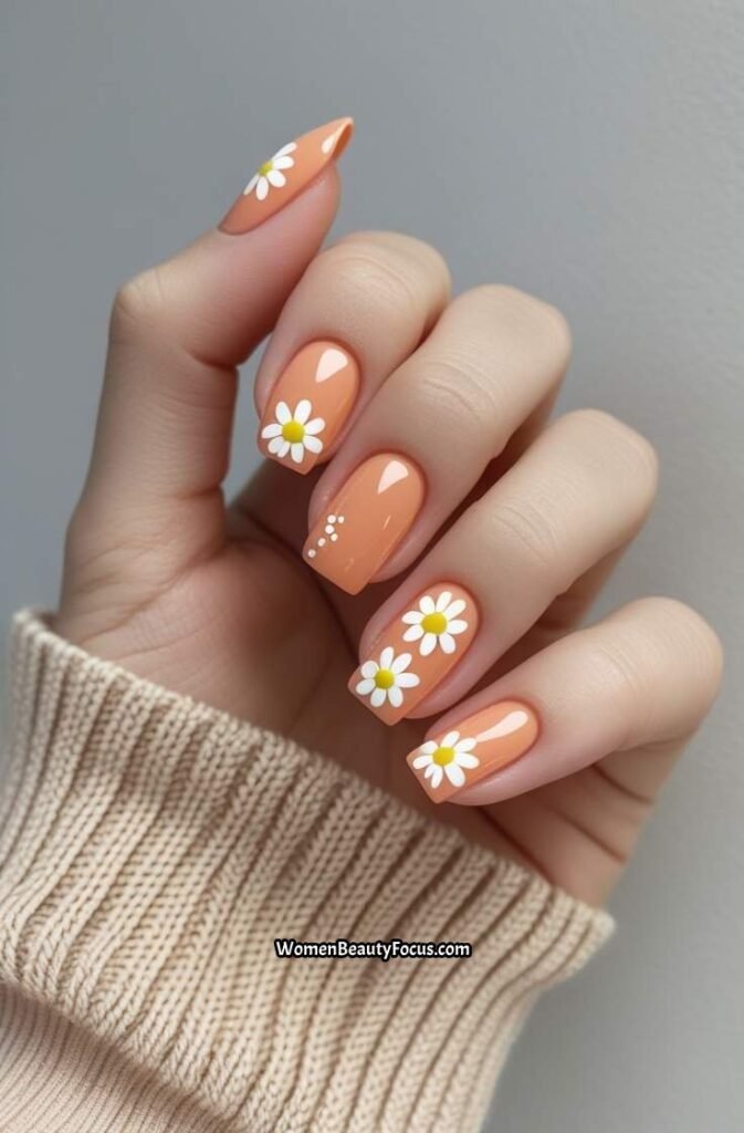 5. Peachy Short Acrylic Nails with White Daisies