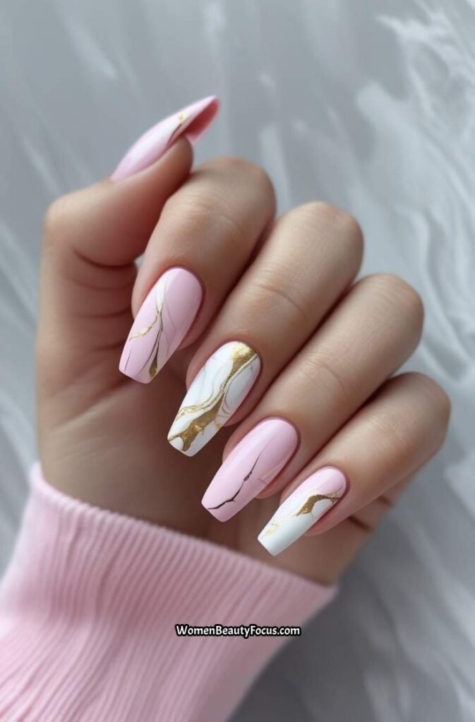 5. Pink Marble Nails with Gold Foil