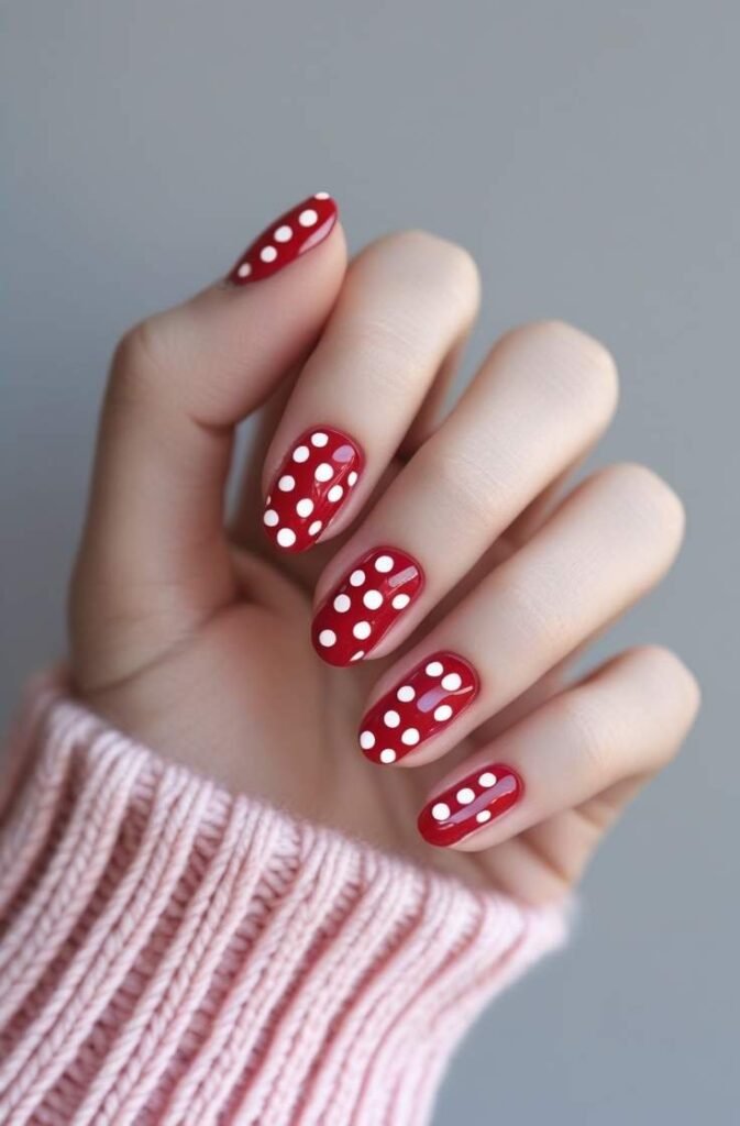 5. Short Red Nails with White Polka Dots
