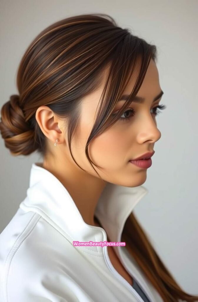 5. Side Swept Bangs with a Low Bun Front View