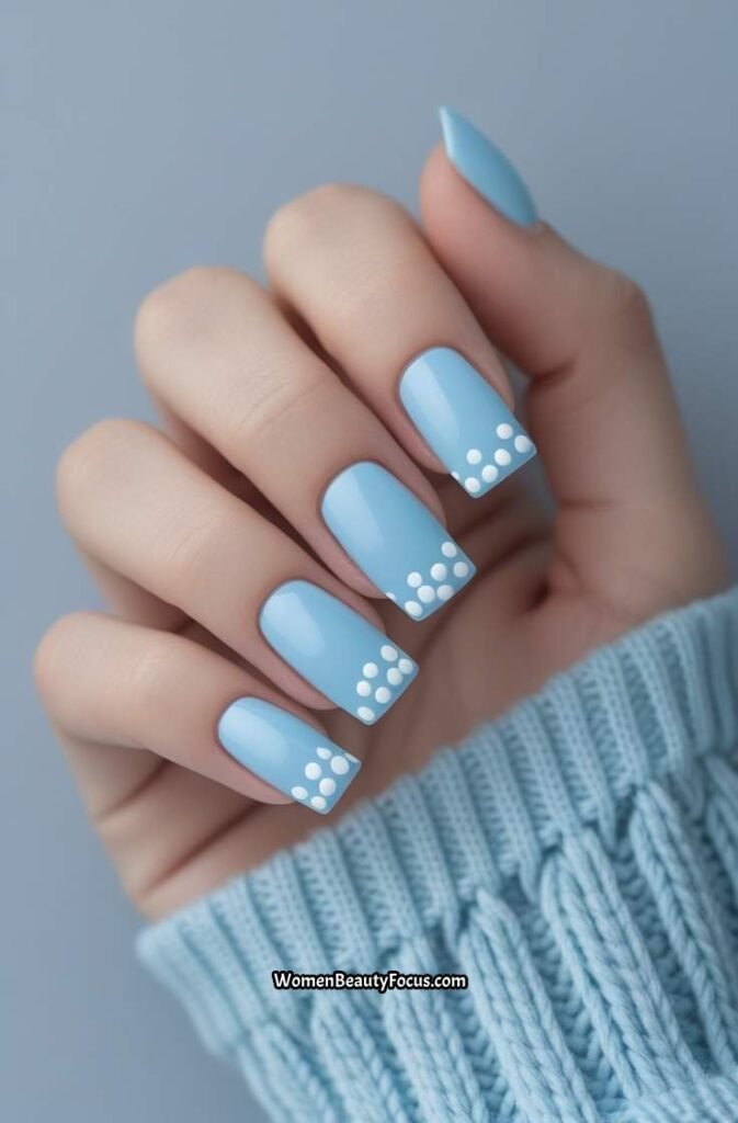 5. Sky Blue Square Nails with White Dots