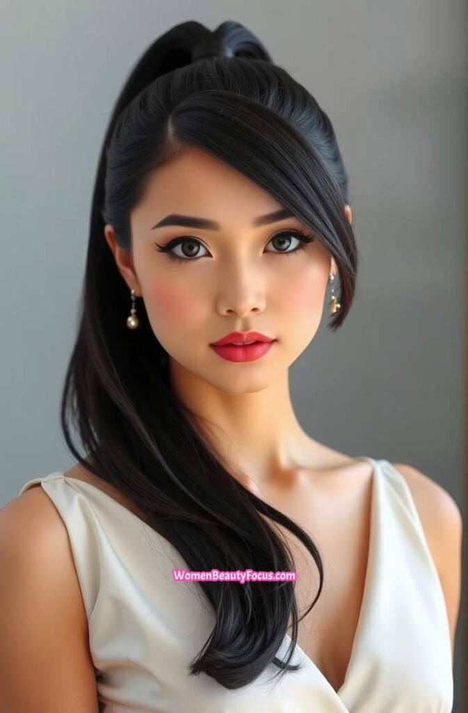 5. Sleek Ponytail with Side Swept Bangs Front View