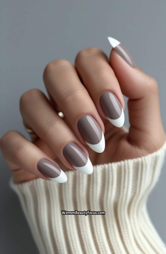 5. Taupe and White Half Moon Nails