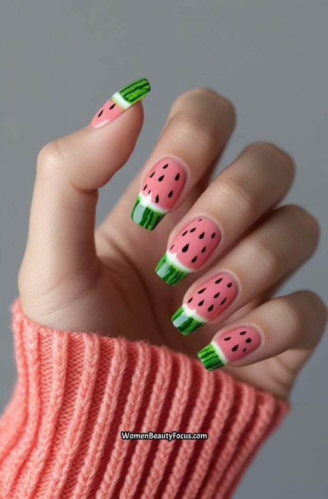 5. Watermelon Inspired French Tip Nails