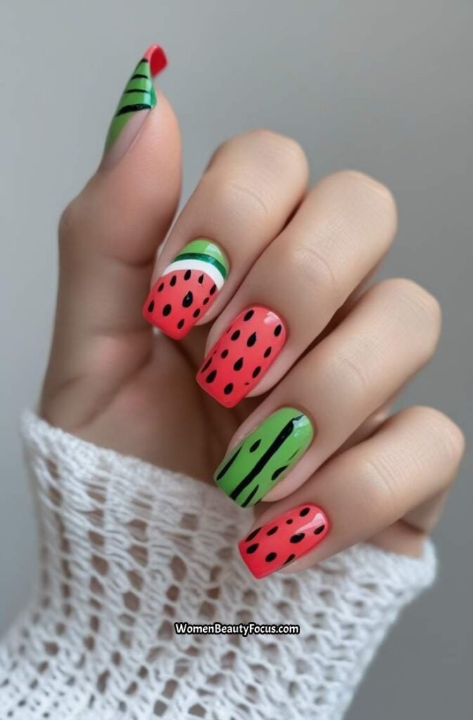 5. Watermelon Nail Art on Short Square Nails