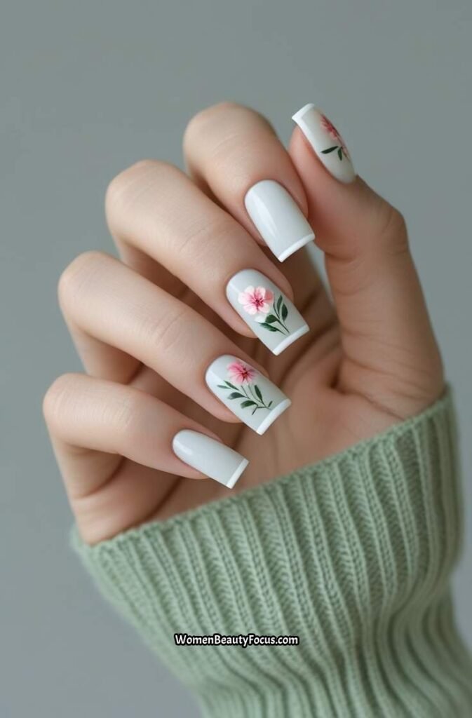 5. White French Tips with Floral Accents