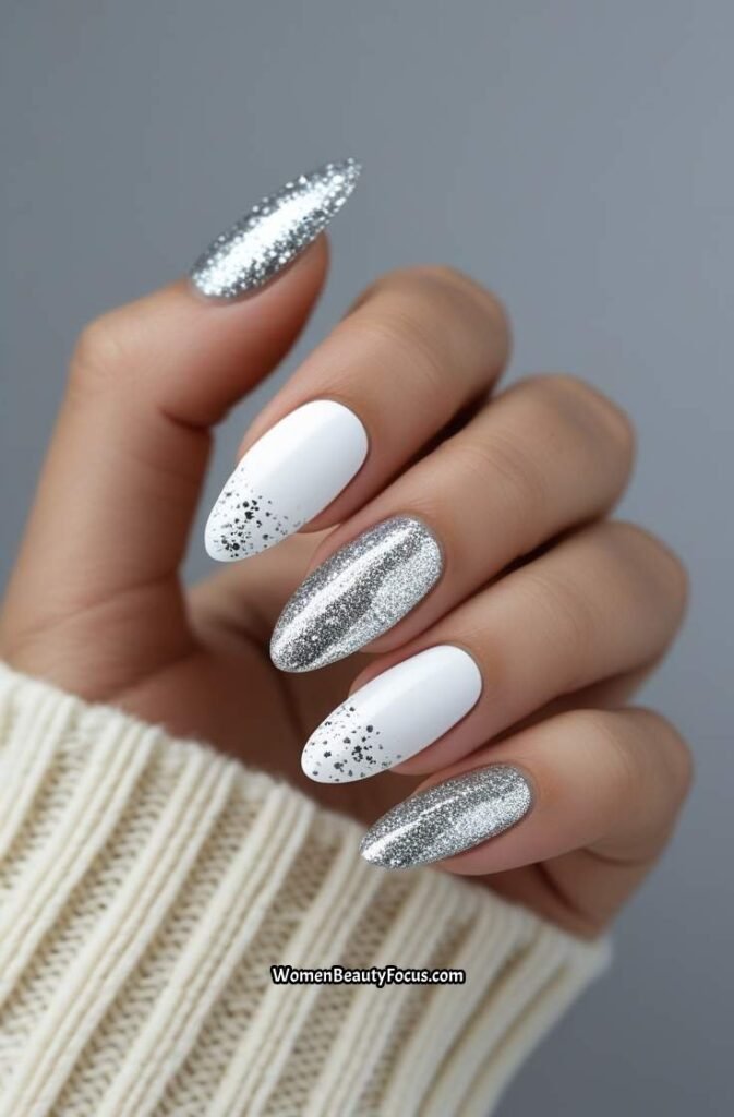 5. White Nails with Silver Glitter Tips