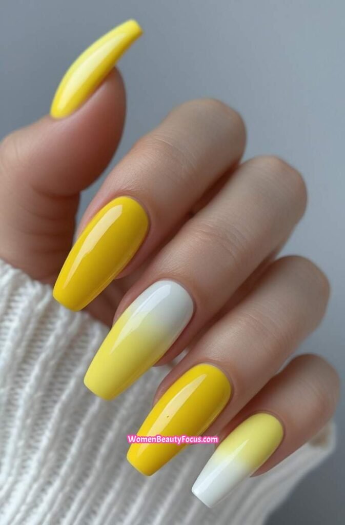 5. Yellow Ombre Nails with White Fade