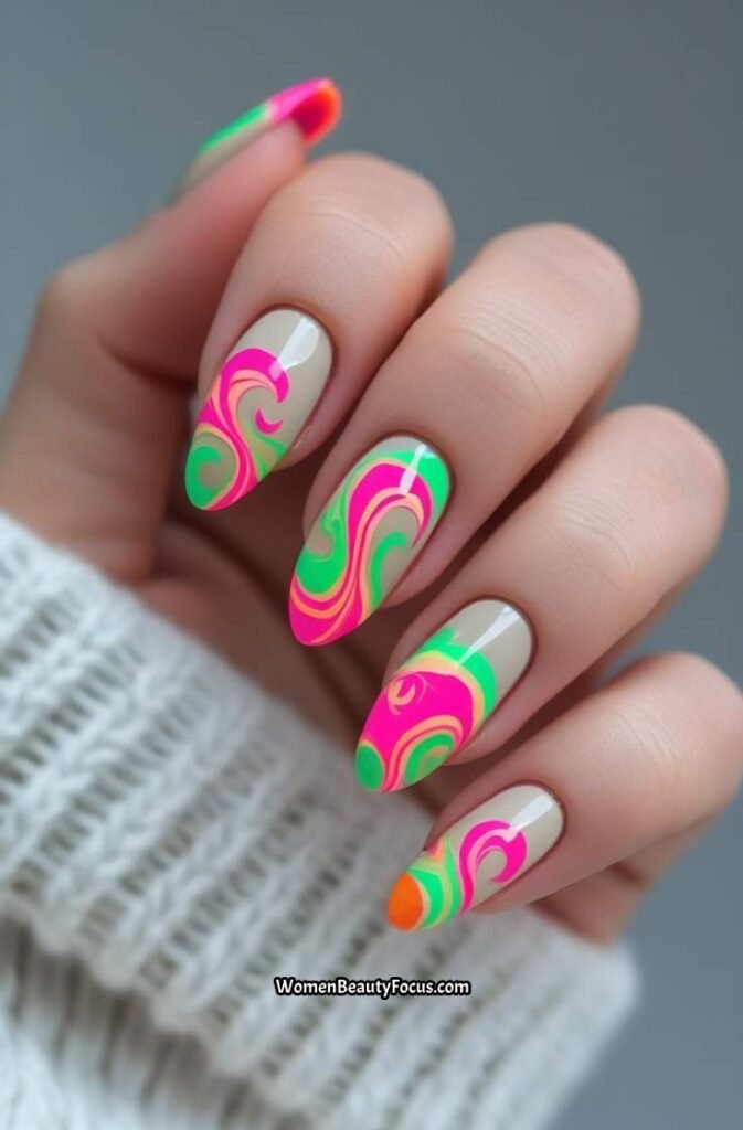 6. Abstract Neon Swirl Nails