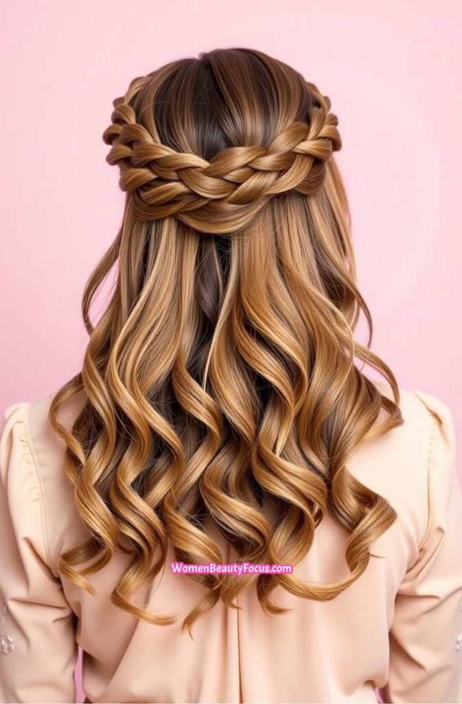 6. Braided Crown with Loose Waves Back View