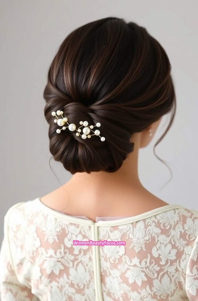 6. Chic Low Twisted Bun with Pearl Accents Back View