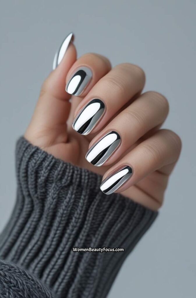 6. Chrome Silver Short Acrylic Nails