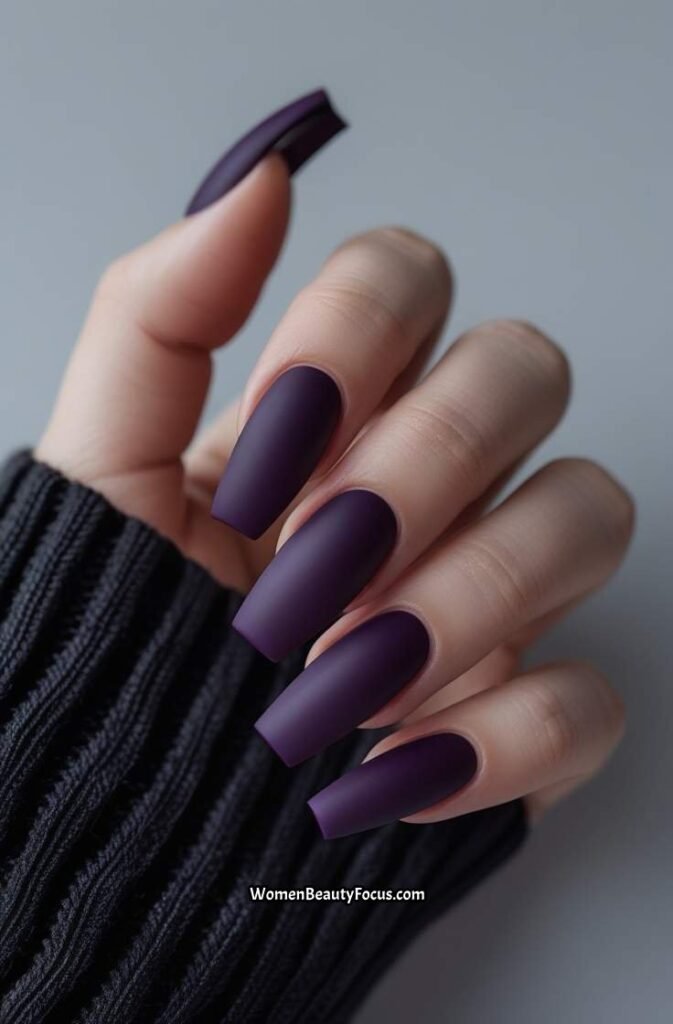 6. Deep Purple Coffin Nails with Matte Finish