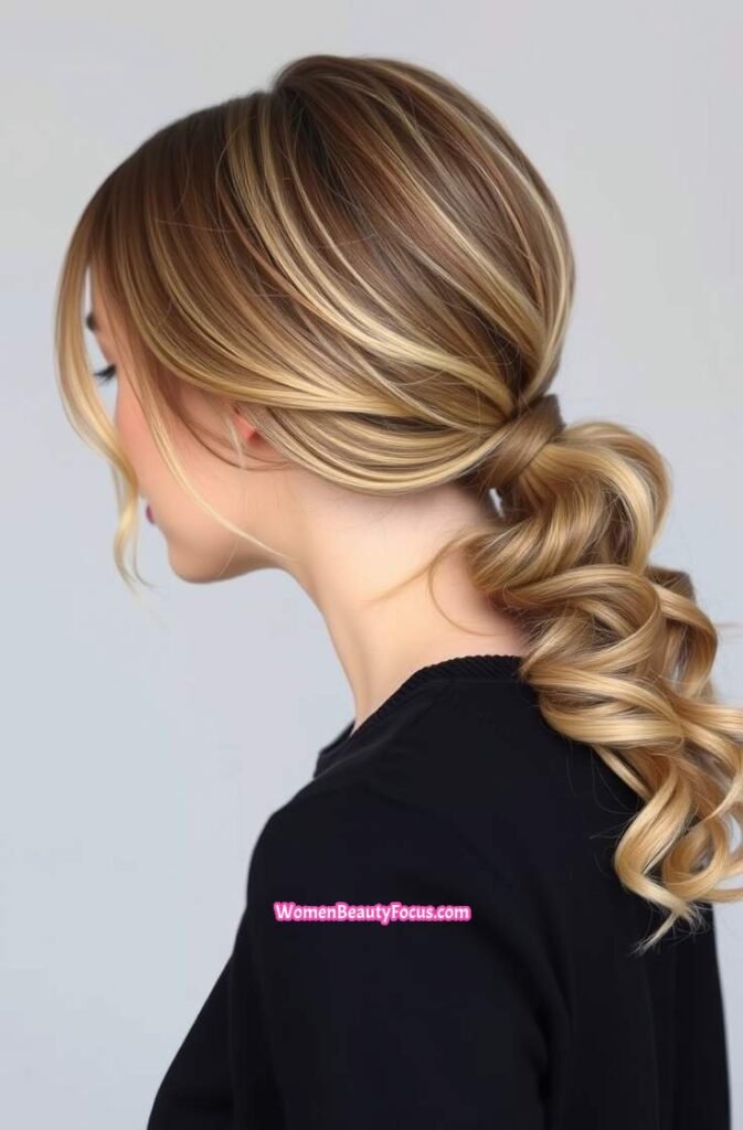 6. Elegant Low Ponytail with Loose Waves Side View