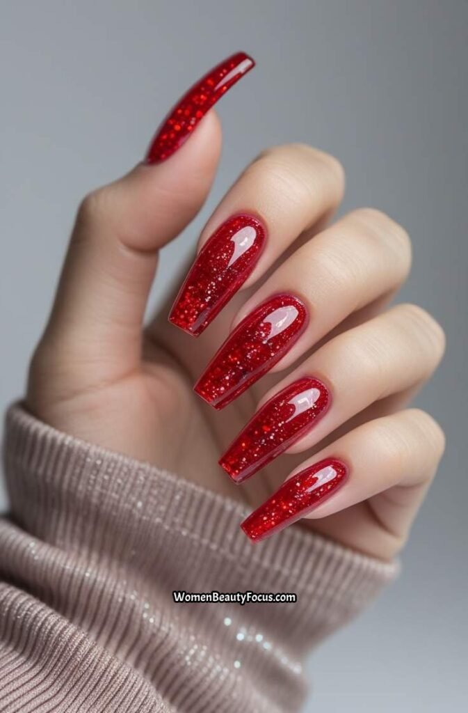 6. Fire Red Glass Nails with Glitter Base